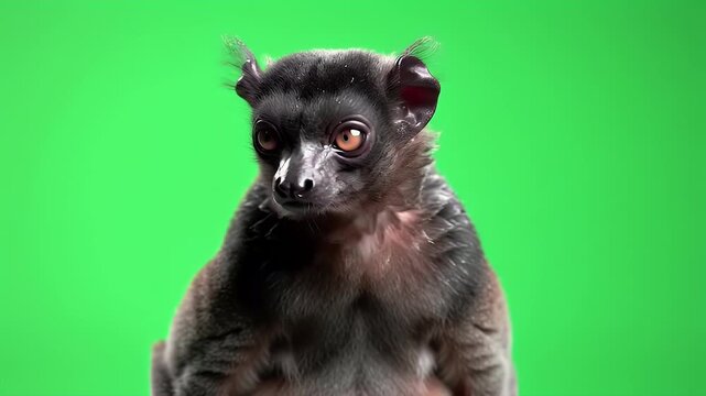 Black Lemur (Eulemur macaco) Close-up Portrait on Green Screen. Detailed Studio Shot of a Primate with Expressive Eyes, Ideal for Wildlife and Natu...