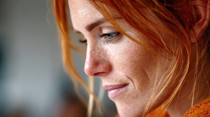 Alexithymia concept. Profile of a woman with freckles and red hair, focused and contemplative.