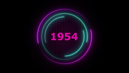 Neon 1954 Number Inside Glowing Circles on Black Background