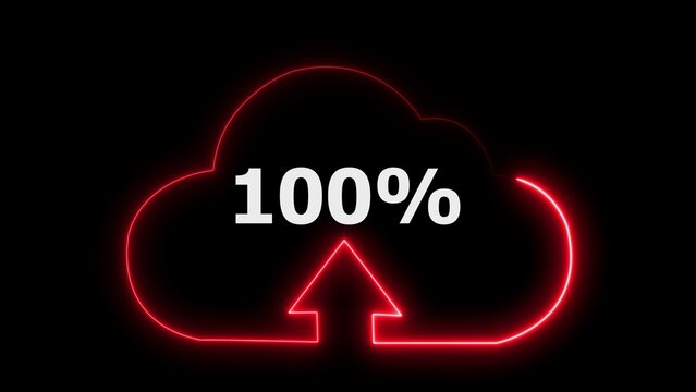 Red neon cloud with 100 percent upload progress on black background