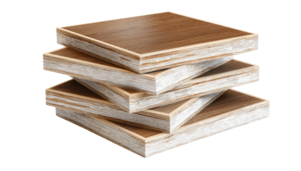 Stack of four square wooden panels.  Layers of light-colored material visible between the darker wood veneers.  A close-up view showcasing the construction of the panels