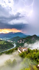 A view of a river and mountains with a lightning bolt