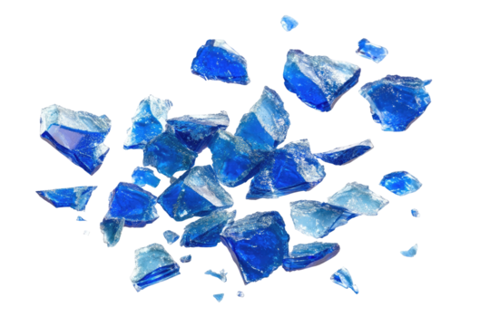 Shattered, vibrant blue crystals scattered against a black background - Powered by Adobe