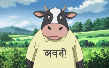 Happy cow in sunset light golden hour farm landscape