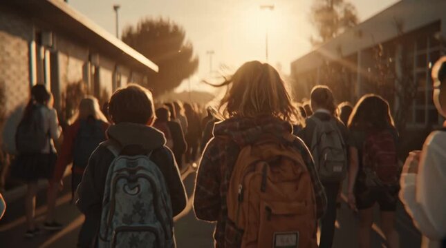 Happy diverse students arriving at school entrance for first day back smiling children walking together colorful backpacks morning sunlight