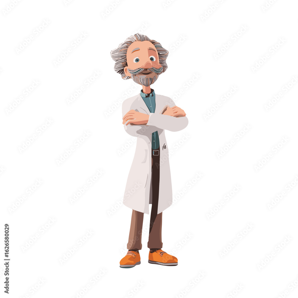 Poster a smiling scientist in a lab coat with crossed arms.