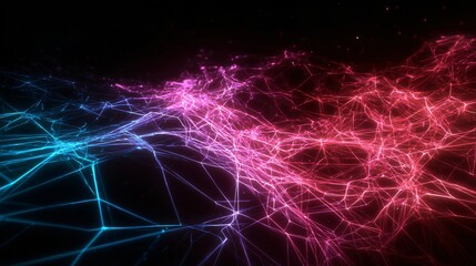 Abstract network design with vibrant pink and cyan lines.