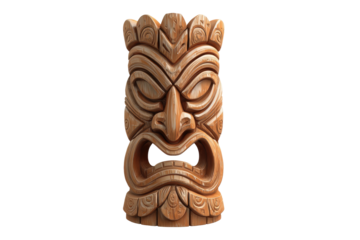 Ornate, wooden tiki mask,  brown hue,  angry expression