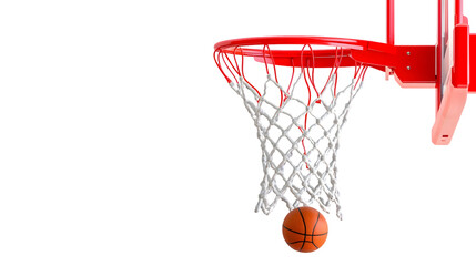 A basketball going through a net attached to a red backboard on transparent background
