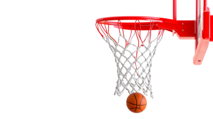 A basketball going through a net attached to a red backboard on transparent background