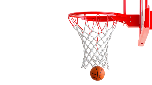 A basketball going through a net attached to a red backboard on transparent background