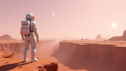 Astronaut exploring a vast Martian landscape with canyons under a distant sun and moon.