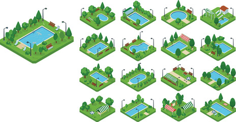 Isometric swimming pool park collection, outdoor water recreation vector set, green landscape elements, summer resort illustration pack, stylized leisure activity environment assets