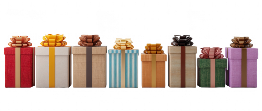Row of colorful gift boxes with bows