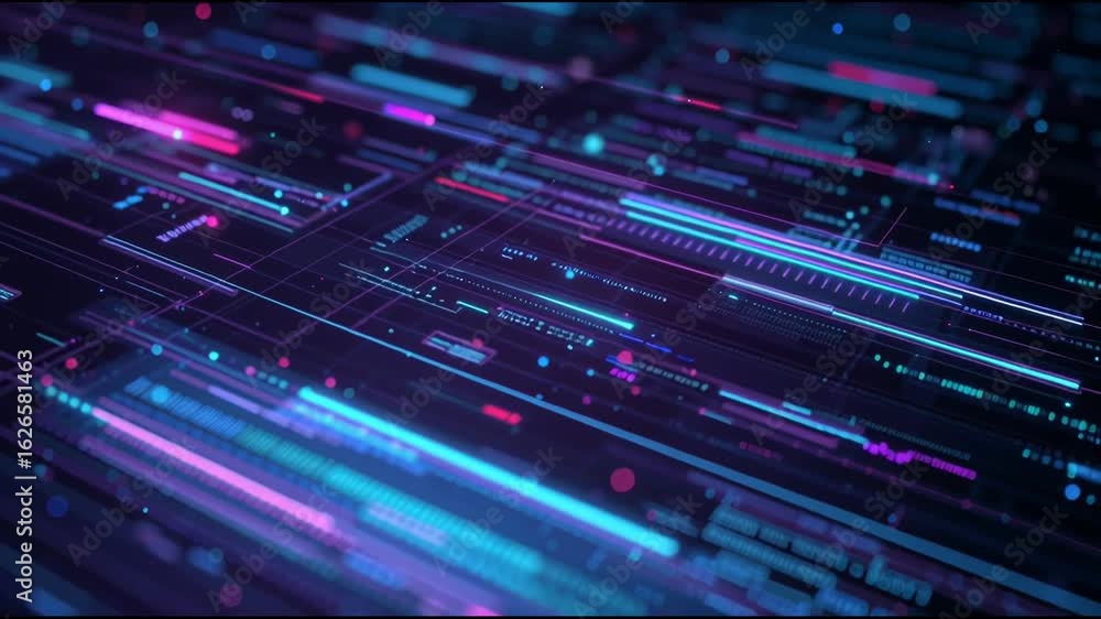 Poster abstract digital data lines and light points move across a dark background, representing digital inf