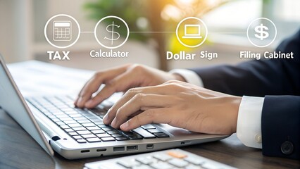 Hands typing on a laptop, processing digital financial data and preparing online tax calculations for business.