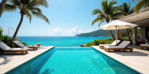 Luxury villa holiday, private pool, stunning ocean view, sun loungers, palm trees, tropical paradise Enjoy the ultimate relaxation , sunshine, calm