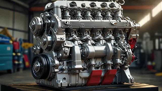High-Quality Stock image of disassembled truck engine in repair service. Heavy machinery, diesel motor vehicle part close-up. Red truck blurred background. Maintenance, repair.