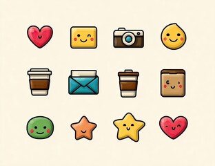 Cute flat icons set.  A collection of 12 simple, cartoon-style icons, featuring hearts, faces, envelopes, cameras, coffee cups, and stars. 