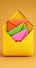 Open yellow envelope with colorful mail
