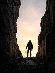 Fototapeta premium A hiker stands at the edge of a rocky crevice during sunset, silhouetted against the sky, surrounded by towering cliffs.