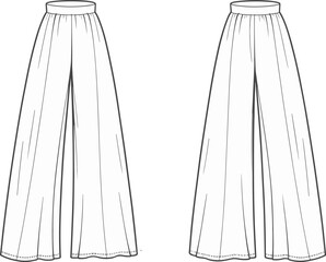
Flat vector illustration of wide-leg pants with elastic waistband, loose fit, front and back views, fashion technical sketch