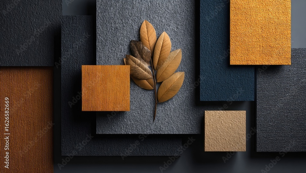 Poster abstract arrangement of various colored square panels, with a cluster of fall leaves in the center