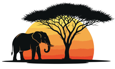 Fototapeta premium An African safari concept illustration with an elephant and acacia tree silhouette against a warm sunset, embodying the spirit of the wild.