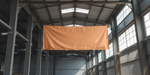 Fototapeta premium Empty banner hanging from beams in a bright warehouse with long shadows