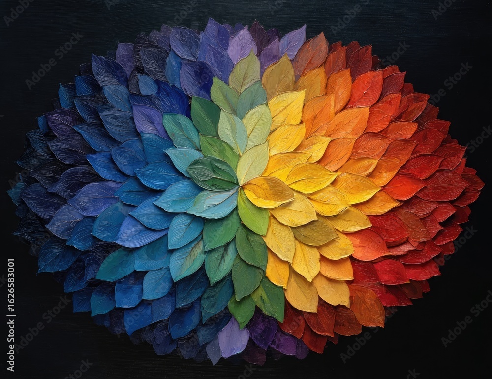 Poster circular array of painted leaves, rainbow spectrum