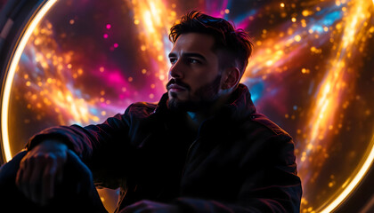 Confident man with beard in dark jacket gazes into vibrant cosmic light portal, futuristic aura