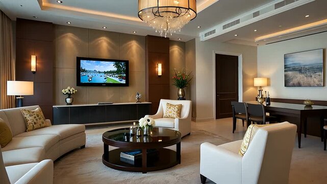 Luxury hotel lobby with modern furniture, high ceiling, and elegant decor. Ideal for interior design mockup and advertisement
