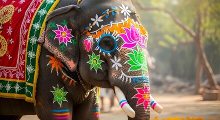 Obraz premium A majestically decorated elephant with vibrant, colorful floral paintings celebrating a traditional festival in India.