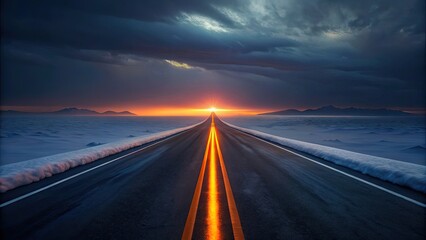 Asphalt road leading towards bright sunset over snowy landscape orange yellow
