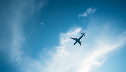 Naklejka premium Airplane flying through a bright blue sky with wispy clouds