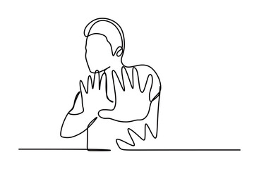 continuous line art of a man rejecting something by pointing his palm forward. concept of rejection