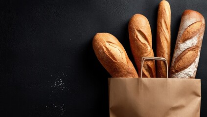 Bag of assorted loaves of bread on dark surface