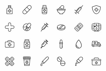 Pharmacy and Medicine Line Icon Bundle – Clean and Minimalist Vectors Representing Pharmaceutical Care, Medication, and Health Services