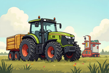 Obraz premium Tractor on Farm Field with Trailer and Agricultural Vehicle in Cartoon Style
