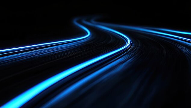 Abstract image of two glowing, blue light trails curving through darkness