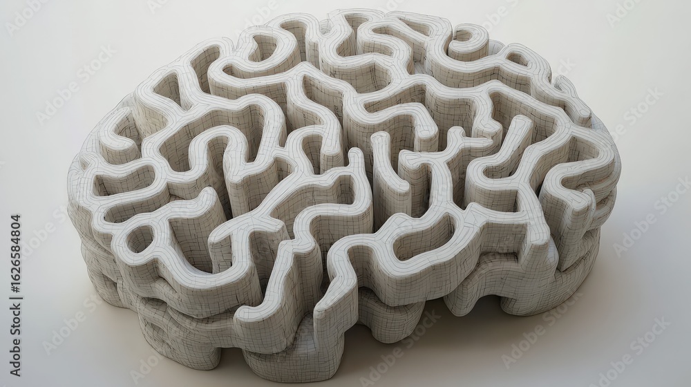 Poster intricate maze pattern in a brain shape with winding pathways