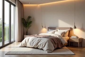 Serene bedroom interior with soft lighting, plush bedding, and calming decor Perfect for relaxation and peaceful sleep Neutral tones create a tranquil atmosphere , sanctuary, sheets