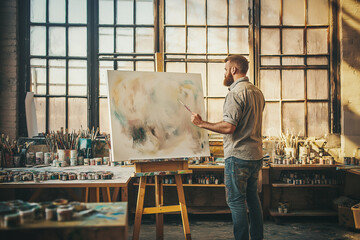 Creative professional artist working on canvas in spacious modern art studio with large windows, surrounded by paintings and art supplies in inspiring atmosphere
