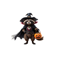 Naklejka premium Cute Raccoon Dressed as a Vampire for Halloween Trick-or-Treating.A digitally rendered raccoon dressed in a stylish vampire costume, complete with a top hat, cape, and a belt.