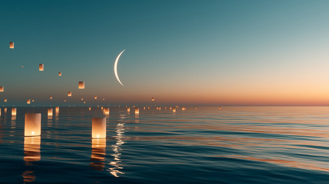 Dozens of paper lanterns drift gently across the calm ocean under a twilight sky, reflecting a crescent moon and creating a peaceful scene with room for copy space
