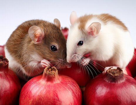 two mice one brown and the other white sat atop a pile of pomegranates they were huddled together