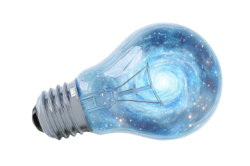 A lightbulb with a cosmic interior.  A clear glass lightbulb, angled, showcases a swirling galaxy nebula within its glass globe.  A metal base is visible
