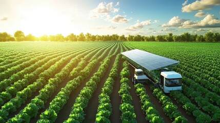 Aerial View of Verdant Agricultural Fields with Solar-Powered Vehicle