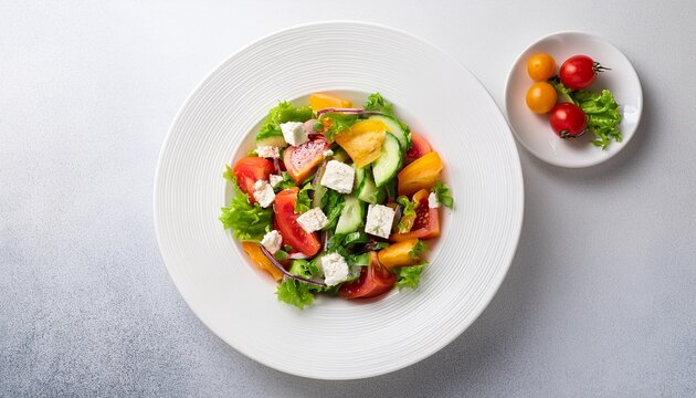 salad with cruton fresh vegetables and feta cheese on white plate on a light background top view