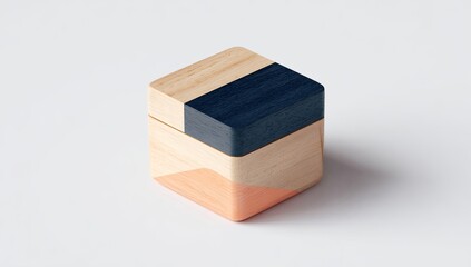 A small, square, wooden jewelry box.  Its sides are painted in a  geometric pattern of light wood, navy blue, and peach